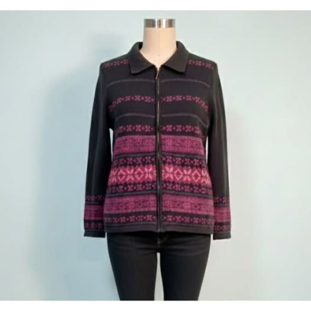 Villager by Liz Claiborne cardigan sweater medium black purple boho vintage zip